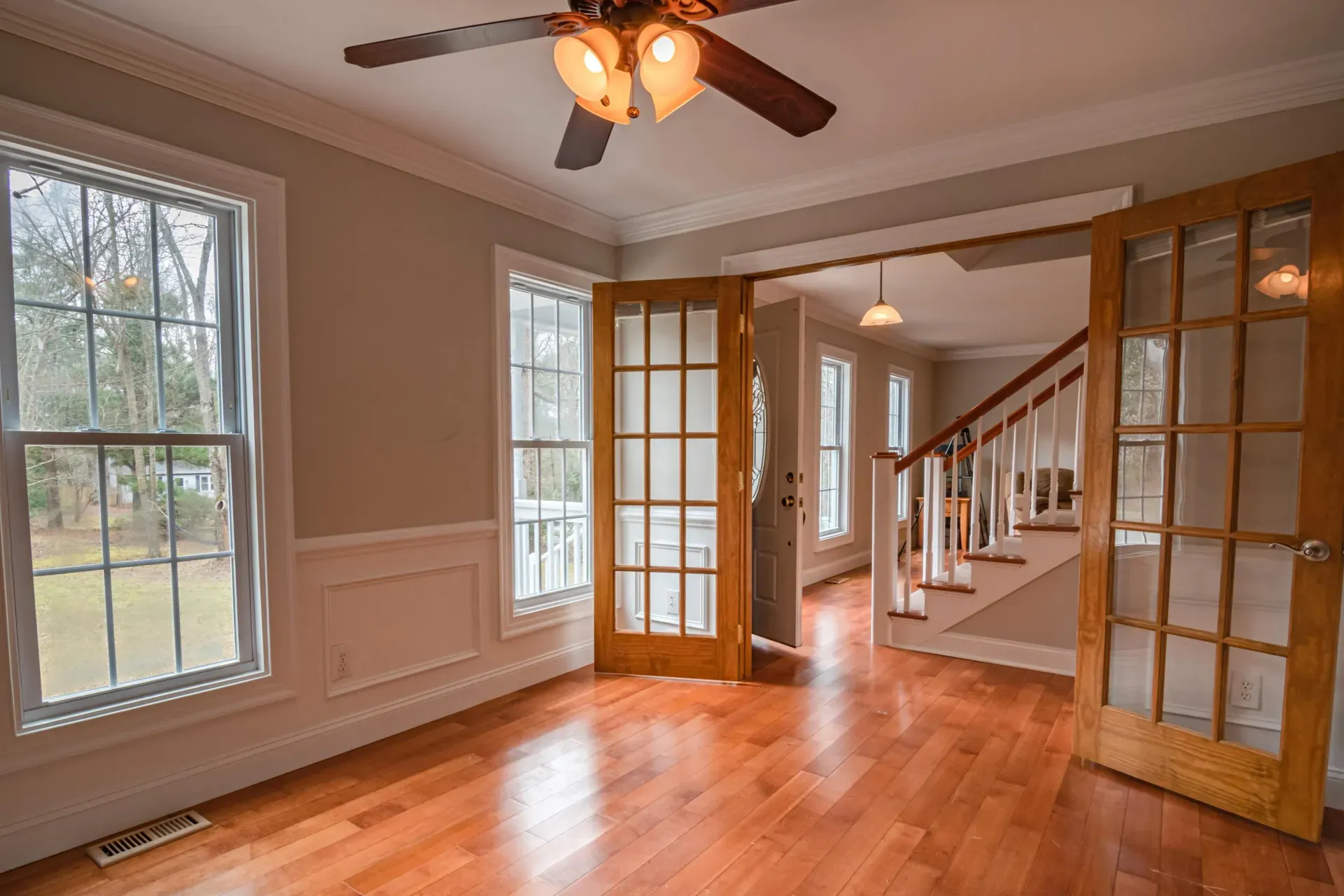 Bright interior with elegant windows and glass doors